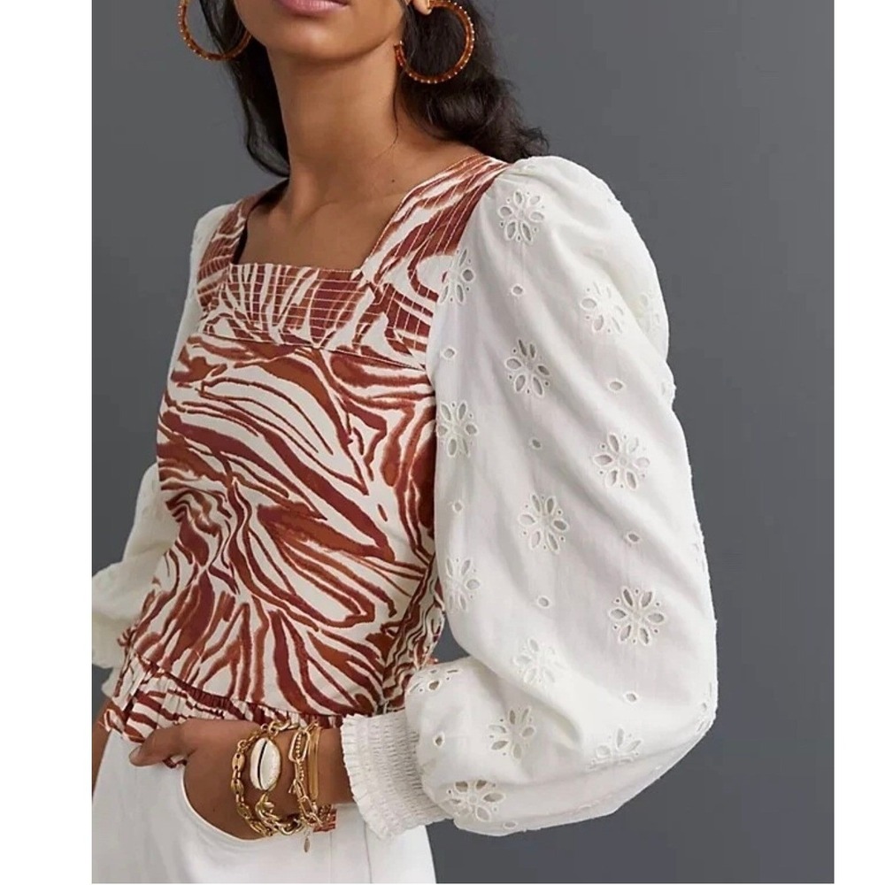 Anthropologie Love the Label Smocked Eyelet Puff Sleeve Blouse XS Boho Cottage